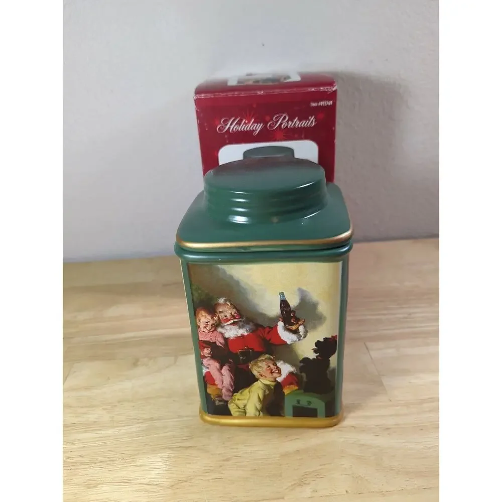Coca Cola Holiday Portraits Santa Green‎ Stoneware Canister Sakura 2002 NEW